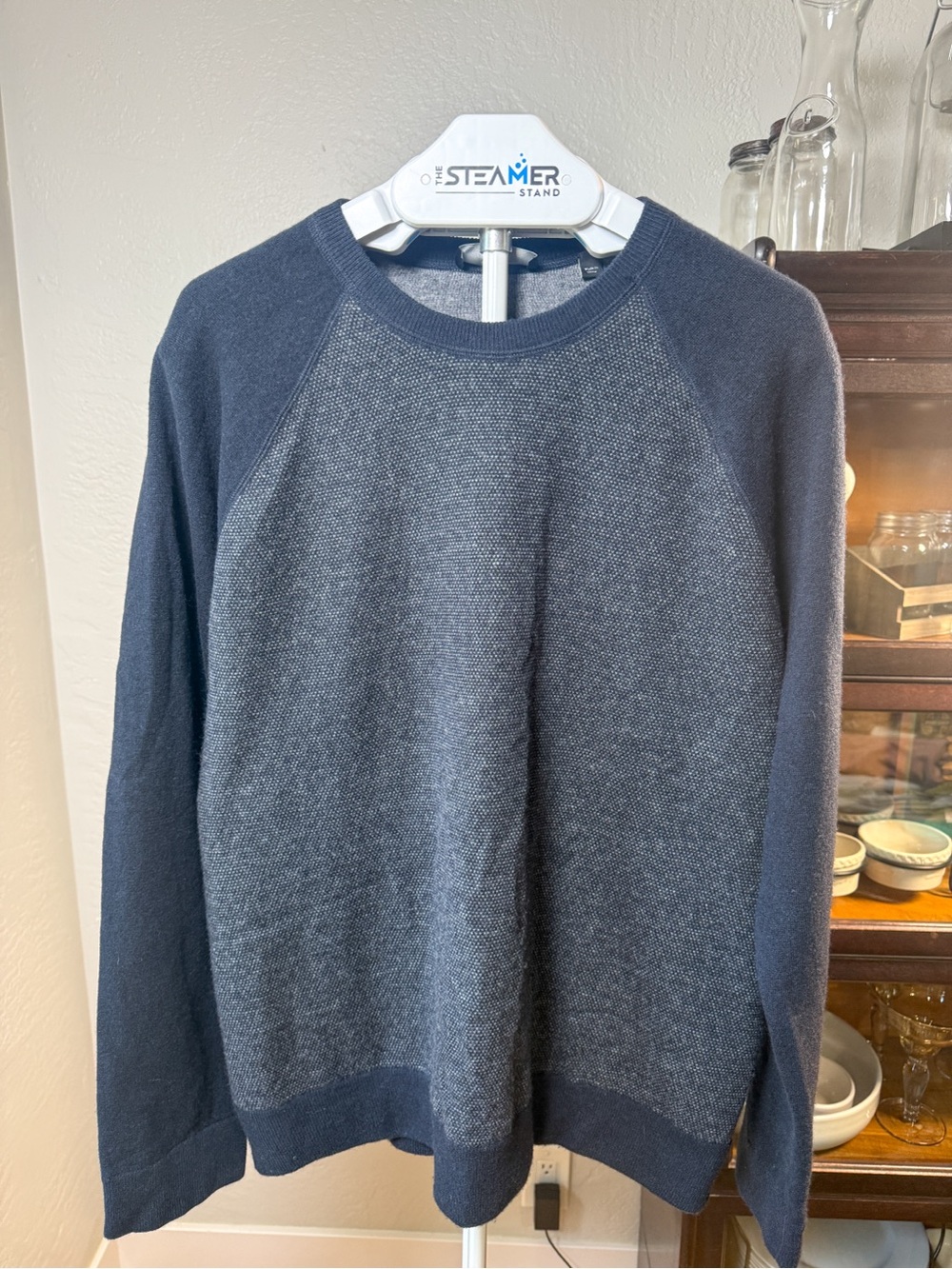 Vince Wool Cashmere Birdseye Knit Crewneck Sweater Navy Gray Size XL